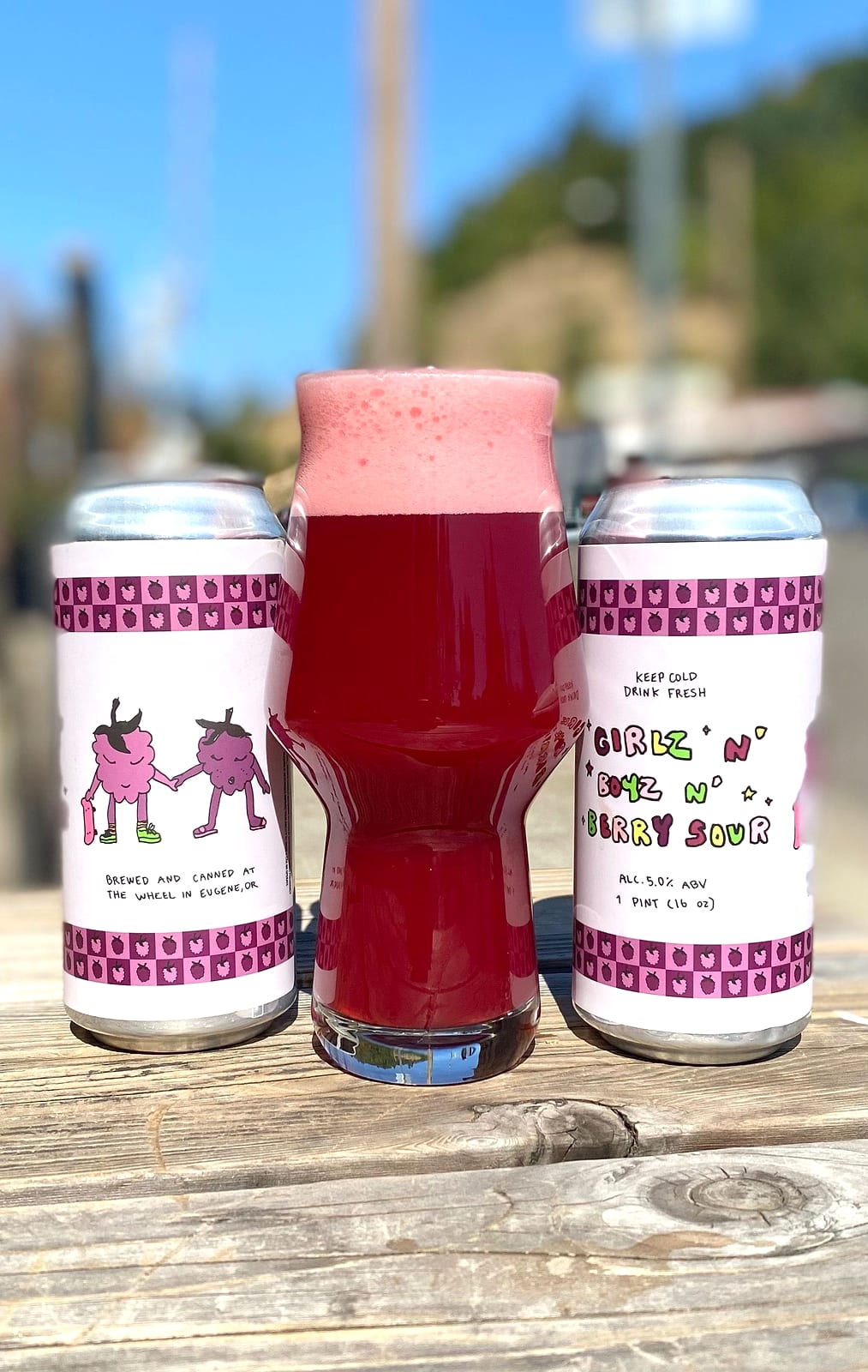 Two cans with illustrated berry labels flanking a glass of bright pink sour beer on a picnic table
